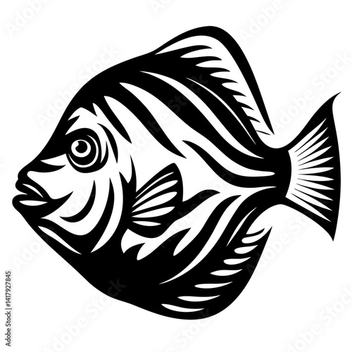 Stylized black and white angelfish illustration with tribal inspired markings