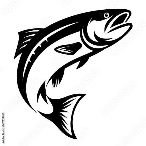Stylized Black and White Salmon Leaping Upward with an Open Mouth