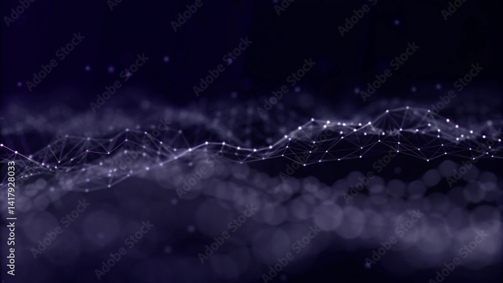 Big data visualization. Abstract background with interweaving of dots. 3D rendering. Futuristic network structure, digital wave analysis, technology flow, complex mesh surface pattern. Big data visualization. Abstract background with interweaving of dots. 3D rendering. Futuristic network structure, digital wave analysis, technology flow, complex mesh surface pattern.