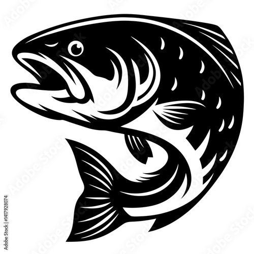 Black and White Illustration of a Leaping Trout Fish in Retro Style