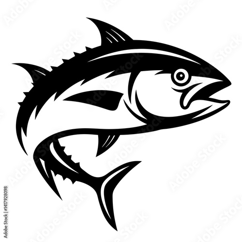 Striking black and white image of a powerful tuna fish in motion