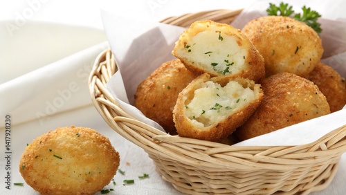 Wallpaper Mural Crispy, golden potato croquettes, a delicious appetizer served in a rustic wicker basket. Torontodigital.ca