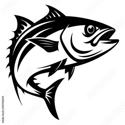 Black and White Graphic Illustration of a Leaping Tuna Fish Artwork