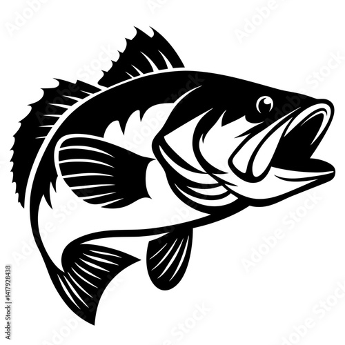 Powerful Black and White Largemouth Bass Fish Jumping Vector Illustration