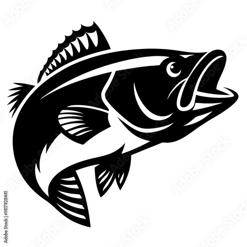 Black and white graphic of a leaping Largemouth Bass with open mouth