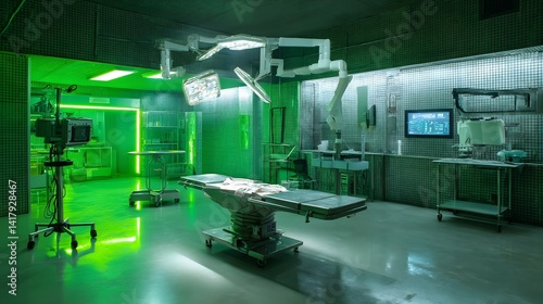 A high tech medical facility with a sterile futuristic operating room filled with state of the art equipment and an eerie green lighting system