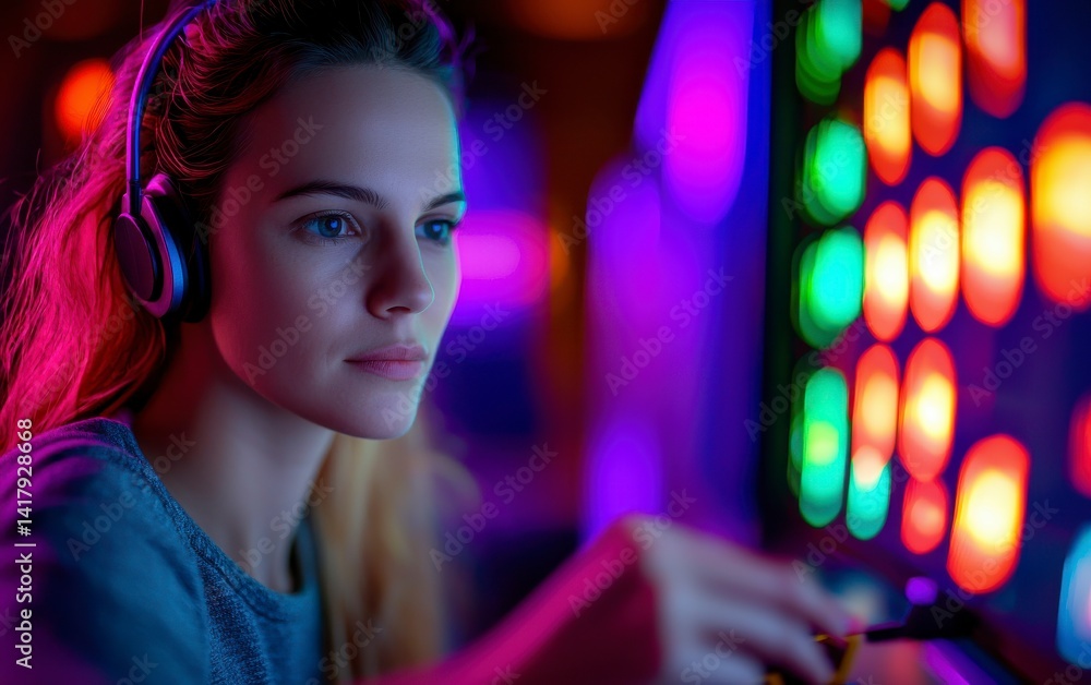 Young Woman Engaged in Cybersecurity Activities with Colorful Lights Young Woman Engaged in Cybersecurity Activities with Colorful Lights