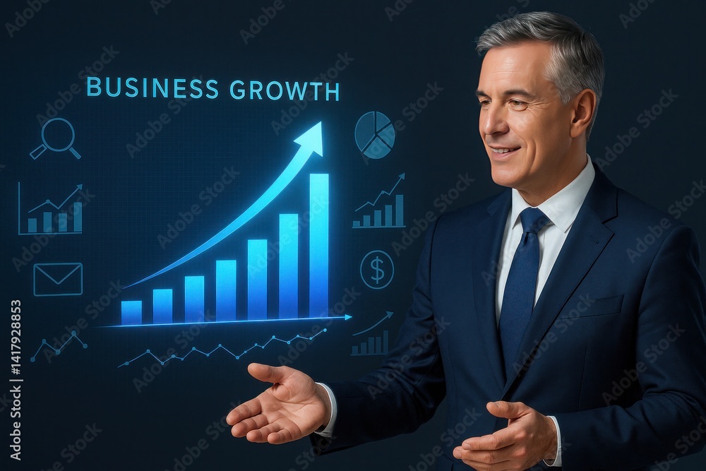 CEO presenting futuristic chart of business growth, arrows rising upward, visualizing finance, marketing tech and investment planning CEO presenting futuristic chart of business growth, arrows rising upward, visualizing finance, marketing tech and investment planning