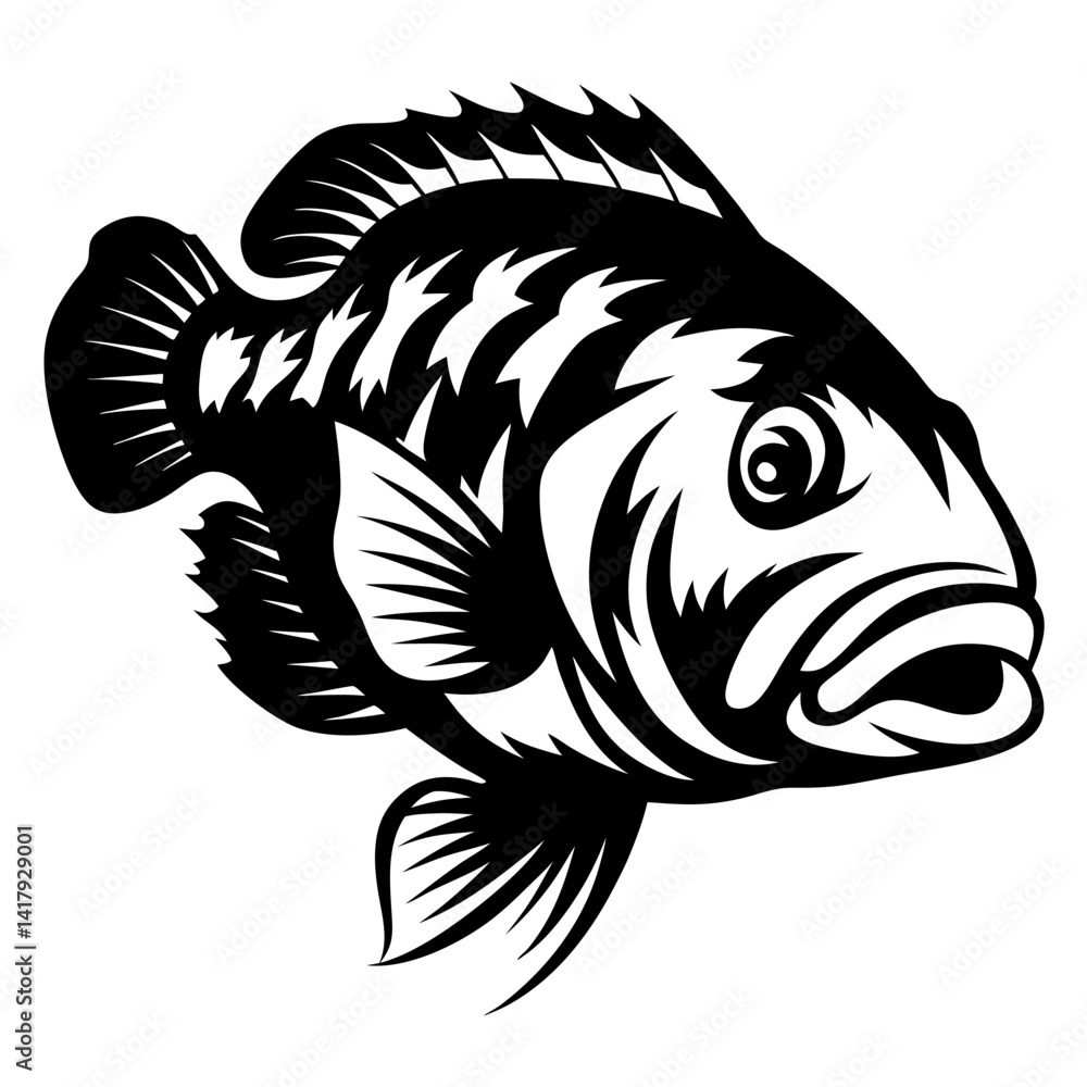 Detailed vector illustration of a black and white fish with open mouth Detailed vector illustration of a black and white fish with open mouth