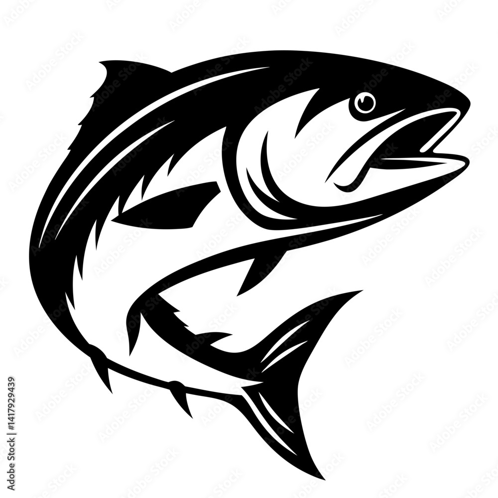 Fototapeta premium Bold black and white illustration of a leaping salmon fish design