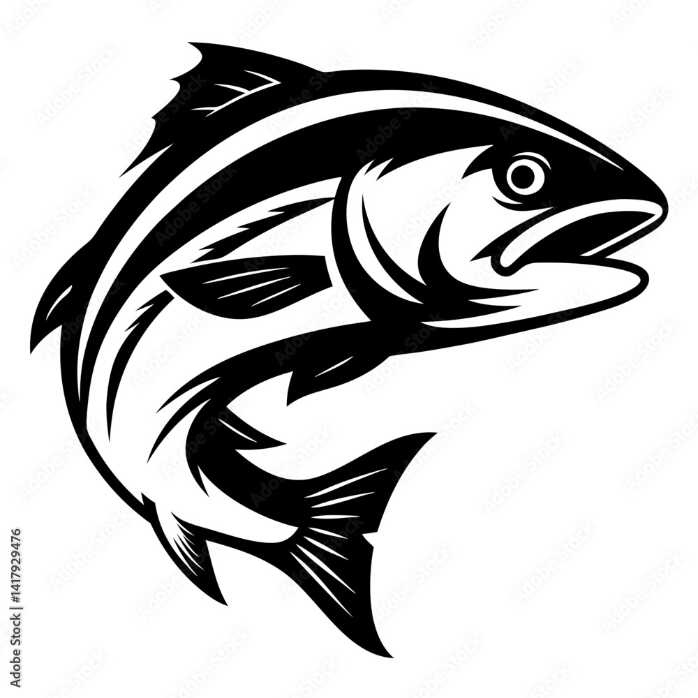 Naklejka premium Monochrome image depicting a stylized trout leaping upwards in a dynamic pose