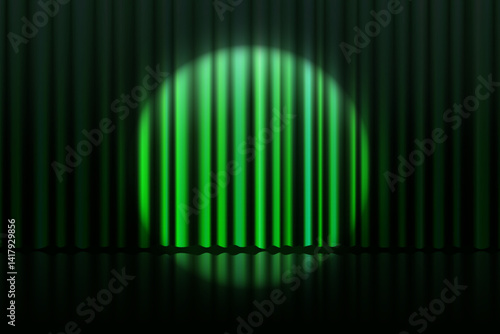 Realistic green curtain with spotlight beam and floor reflection. Luxurious stage backdrop for gala, awards or theatrical show. Elegant vector banner with velvet texture and opulent dramatic mood.