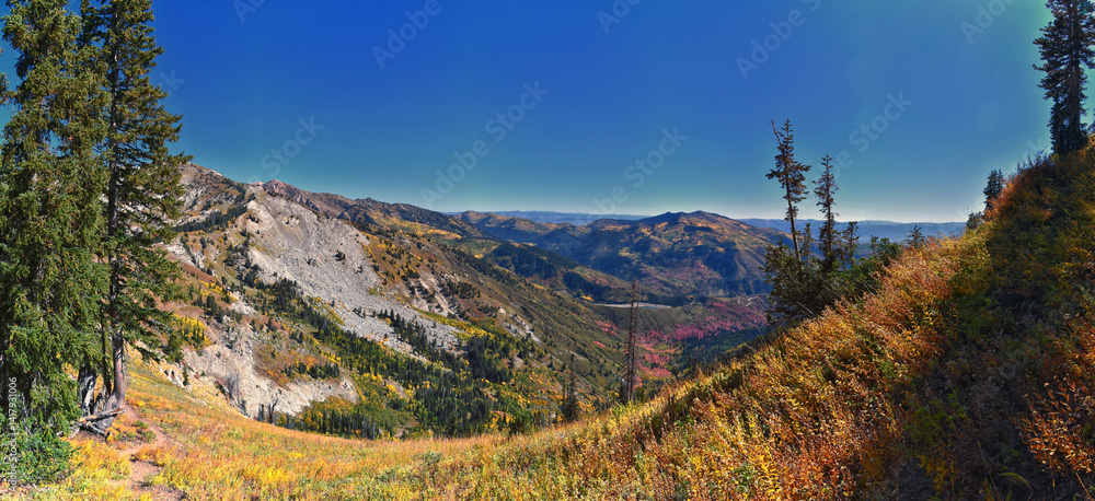Box Elder Peak hiking views from trail, American Fork Canyon. Lone Peak, Mt Timpanogos, Wasatch Range Rocky Mountains, Utah, United States.