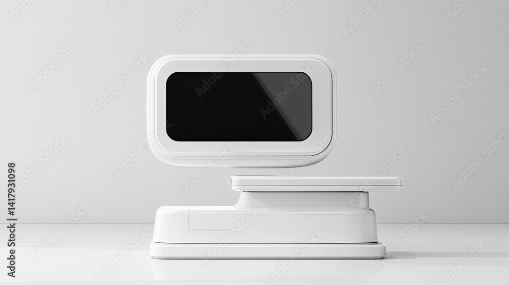 Eye test machine with screen and chin rest, positioned on a spotless white surface.