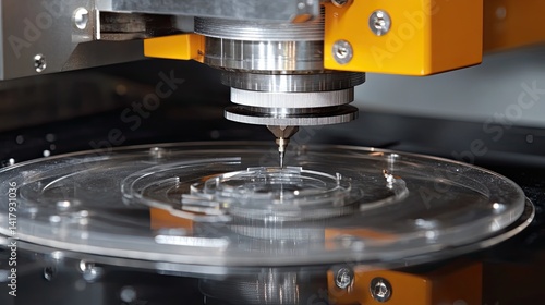 Obraz na płótnie Eyeglass lens edging machine starting precision cut. w salonie