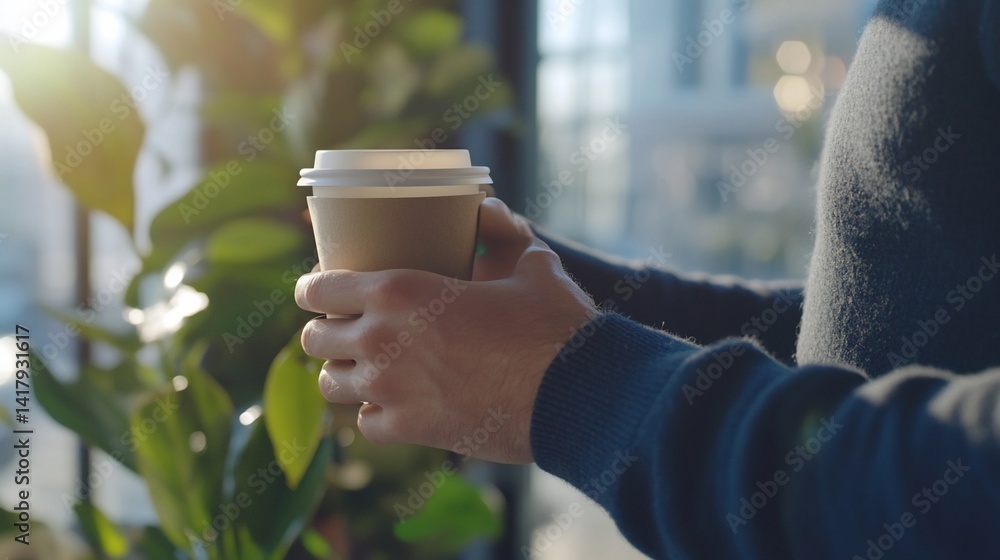 Man Holding Coffee Cup Near Window During Morning Sunlight with green plant Man Holding Coffee Cup Near Window During Morning Sunlight with green plant