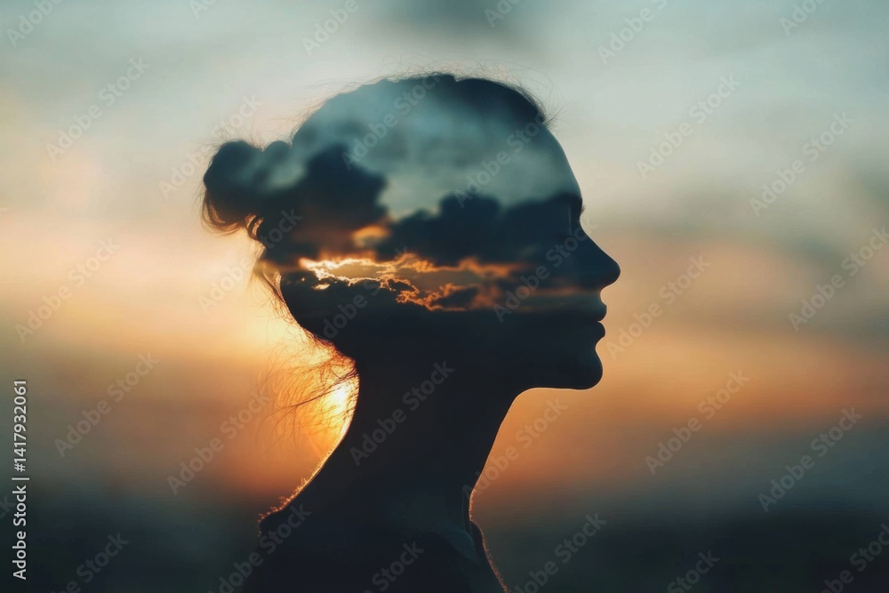 Silhouette of a woman with sunset and clouds reflected in her profile at dusk in a quiet landscape Silhouette of a woman with sunset and clouds reflected in her profile at dusk in a quiet landscape