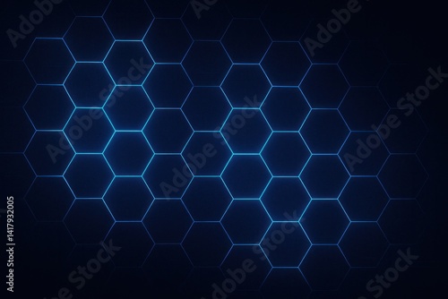 Blue hexagon mesh on dark tech backdrop, modern geometric background with light effects and cyber theme
