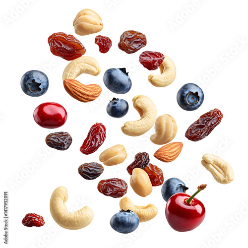 Assorted nuts and dried cranberries falling on a transparent background, healthy snack mix of walnuts, cashews, almonds, hazelnuts, and cranberries Concept of healthy eating, nutrition, and snack