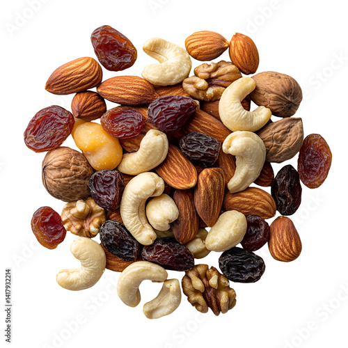 Assorted nuts and dried cranberries falling on a transparent background, healthy snack mix of walnuts, cashews, almonds, hazelnuts, and cranberries Concept of healthy eating, nutrition, and snack