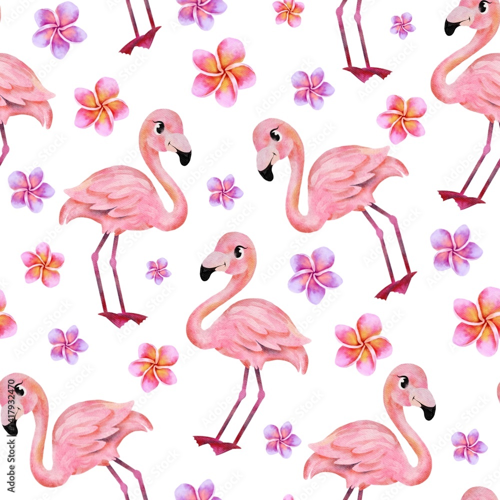 Obraz premium Seamless summer pattern with flamingos and flowers. Watercolor background with pink an exotic bird from Africa. perfect for summer design, textile, fabric, wallpaper.