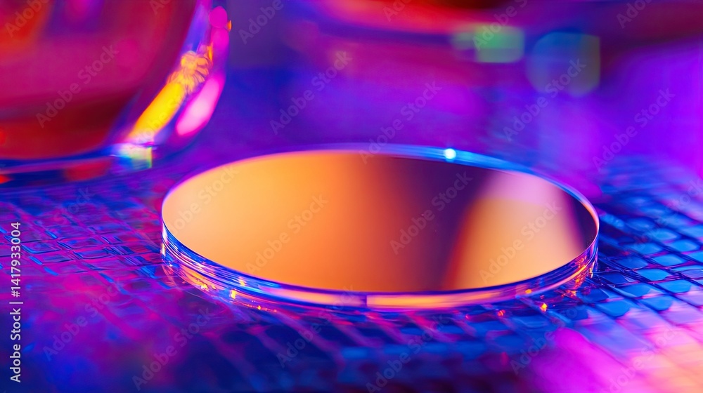 Thin plastic lens being cut into circular shape under bright lighting.