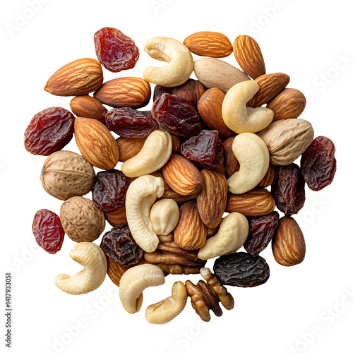 Assorted nuts and dried cranberries falling on a transparent background, healthy snack mix of walnuts, cashews, almonds, hazelnuts, and cranberries Concept of healthy eating, nutrition, and snack