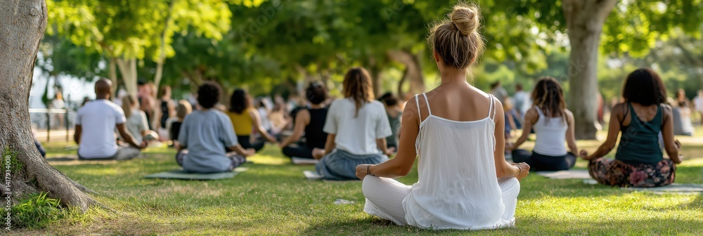 A serene scene of individuals meditating together in a tranquil park, surrounded by lush greenery, promoting mindfulness, community, and inner peace amid nature. A serene scene of individuals meditating together in a tranquil park, surrounded by lush greenery, promoting mindfulness, community, and inner peace amid nature.
