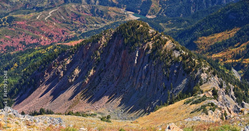 Box Elder Peak hiking views from trail, American Fork Canyon. Lone Peak, Mt Timpanogos, Wasatch Range Rocky Mountains, Utah, United States.