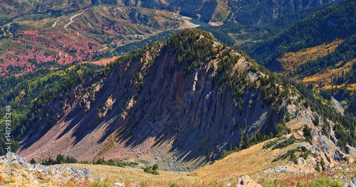 Box Elder Peak hiking views from trail, American Fork Canyon. Lone Peak, Mt Timpanogos, Wasatch Range Rocky Mountains, Utah, United States.