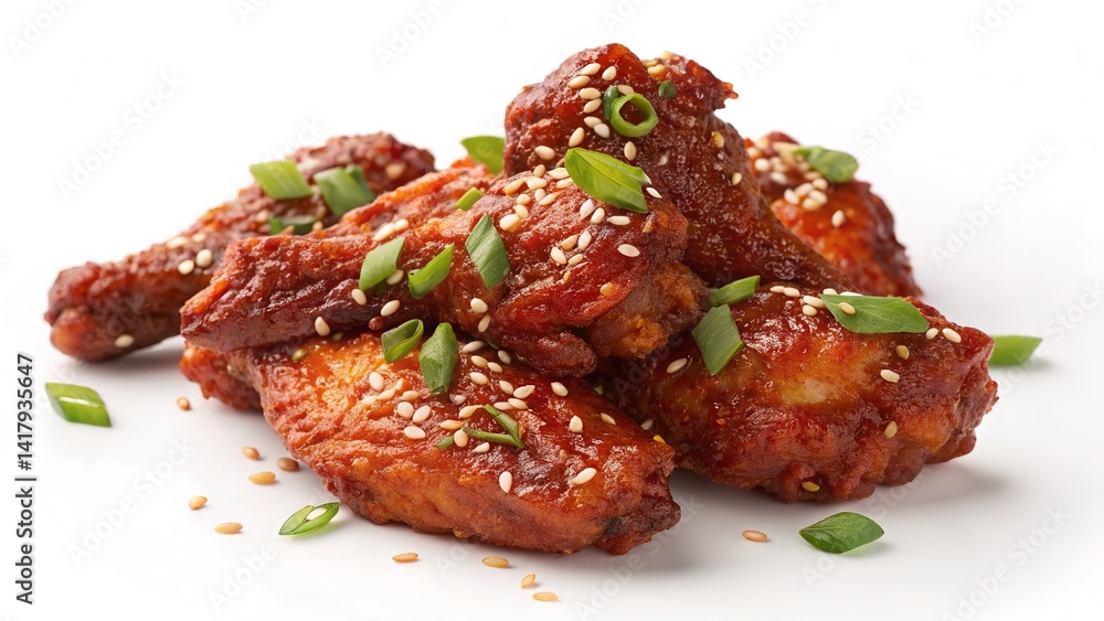 Close-up of beautifully glazed chicken wings garnished with sesame seeds and fresh green onions. Close-up of beautifully glazed chicken wings garnished with sesame seeds and fresh green onions.