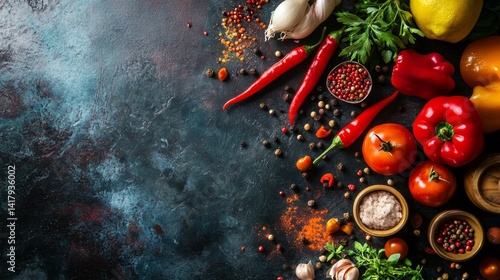 Fototapeta Naklejka Na Ścianę i Meble -  Vegetables and spices on blue textured table