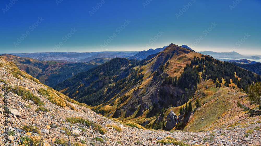 Box Elder Peak hiking views from trail, American Fork Canyon. Lone Peak, Mt Timpanogos, Wasatch Range Rocky Mountains, Utah, United States.