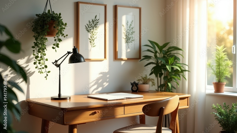 Fototapeta premium Cozy Home Office with Natural Light, Wooden Desk, and Indoor Plants