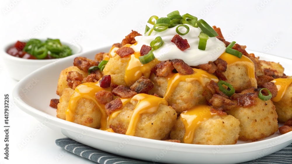 Close-up of a plate loaded with tater tots, cheese, bacon, sour cream, and jalapenos. Close-up of a plate loaded with tater tots, cheese, bacon, sour cream, and jalapenos.