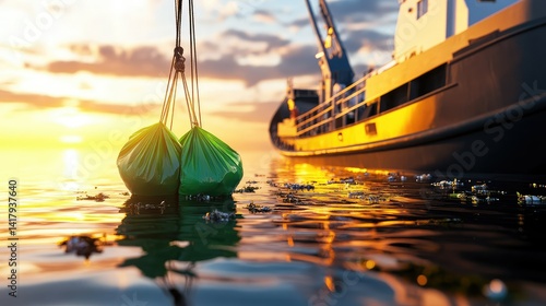 Eco-friendly vessel hauling bags of ocean waste, symbolizing environmental protection and ocean cleanup efforts