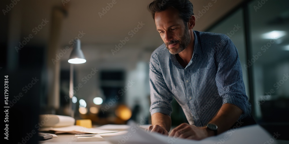 Fototapeta premium A dedicated professional is deeply engrossed in evaluating documents under artificial lighting, showcasing commitment and concentration that drives success in a modern workplace.