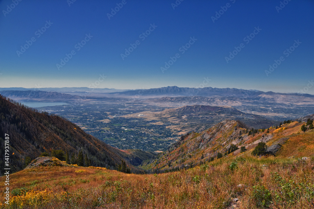 Box Elder Peak hiking views from trail, American Fork Canyon. Lone Peak, Mt Timpanogos, Wasatch Range Rocky Mountains, Utah, United States.