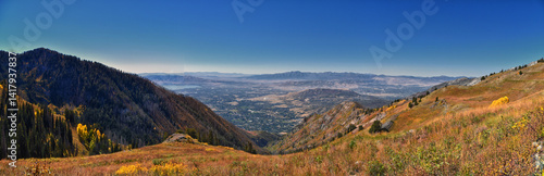 Box Elder Peak hiking views from trail, American Fork Canyon. Lone Peak, Mt Timpanogos, Wasatch Range Rocky Mountains, Utah, United States.
