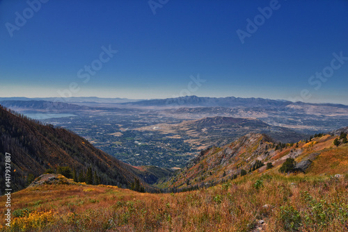Obraz na płótnie Box Elder Peak hiking views from trail, American Fork Canyon. Lone Peak, Mt Timpanogos, Wasatch Range Rocky Mountains, Utah, United States. w salonie