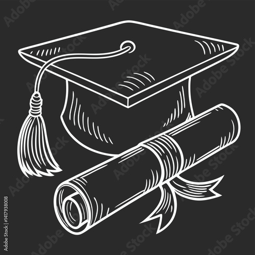 White line drawing of a graduation cap with a tassel and a rolled diploma tied with a ribbon on a dark background.