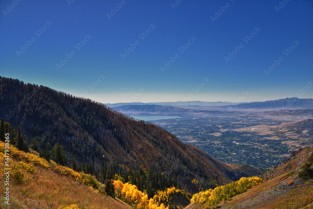 Box Elder Peak hiking views from trail, American Fork Canyon. Lone Peak, Mt Timpanogos, Wasatch Range Rocky Mountains, Utah, United States.