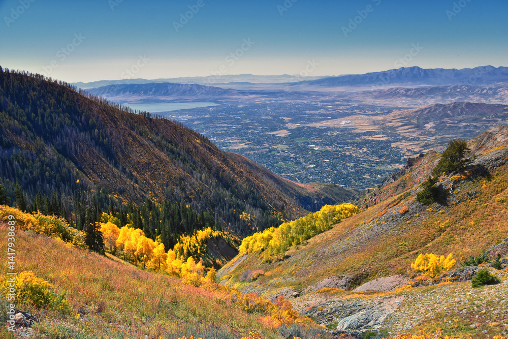 Box Elder Peak hiking views from trail, American Fork Canyon. Lone Peak, Mt Timpanogos, Wasatch Range Rocky Mountains, Utah, United States.
