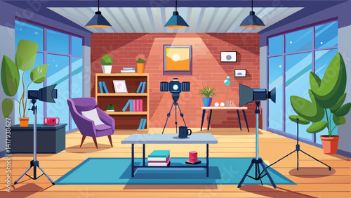 Empty professional photo studio with modern lighting equipment