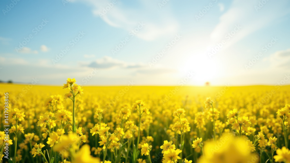 Fototapeta premium A vibrant field of yellow flowers under a sunny sky.