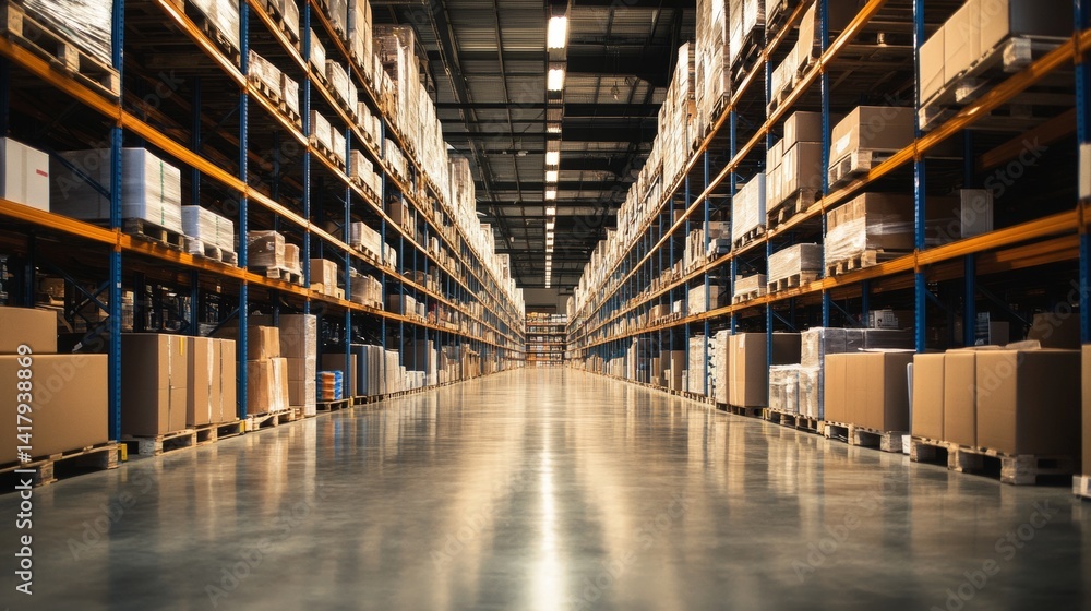 Modern logistics warehouse with stacked boxes Modern logistics warehouse with stacked boxes