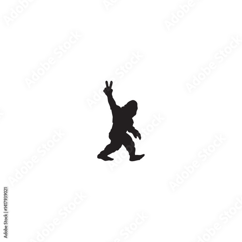 Bigfoot silhouette walking and gesturing victory sign isolated on white background