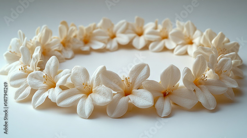 White floral lei on a soft white background