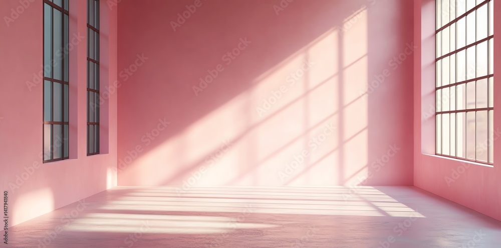 A minimalist pink room with large windows lets in sunlight creating shadows on the floor Perfect for interior design and architectural projects A minimalist pink room with large windows lets in sunlight creating shadows on the floor Perfect for interior design and architectural projects