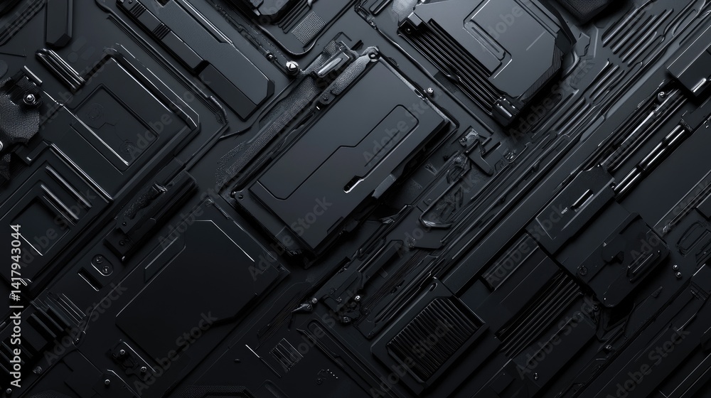 Abstract black composition with rich diagonal detailing and clean, futuristic styling.